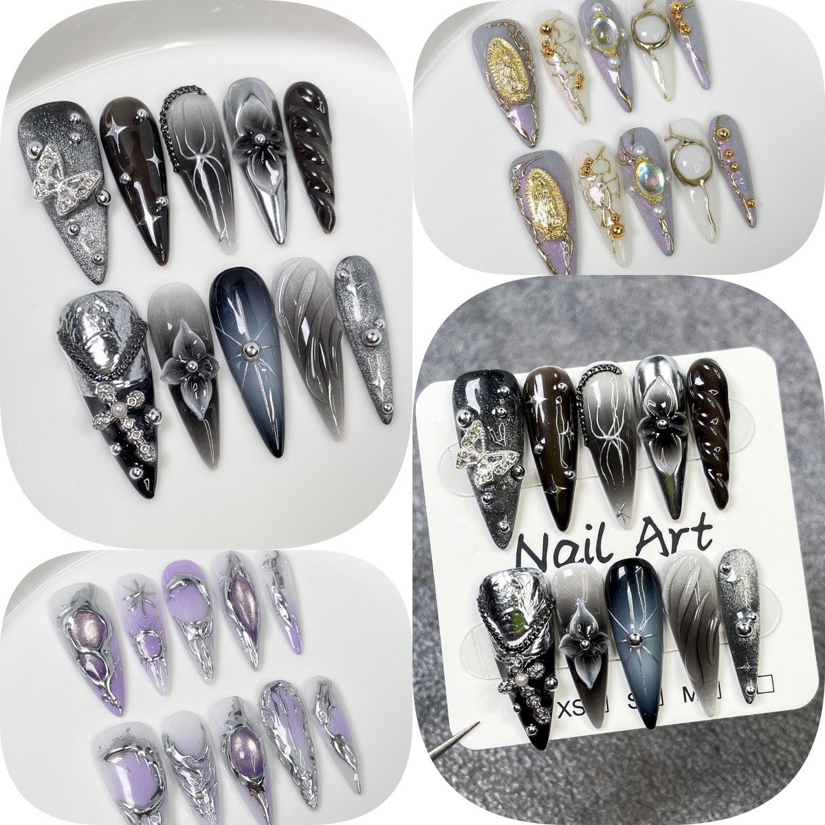 Pressed Flower Art - 10 pezzi nero sfumato lungo stiletto